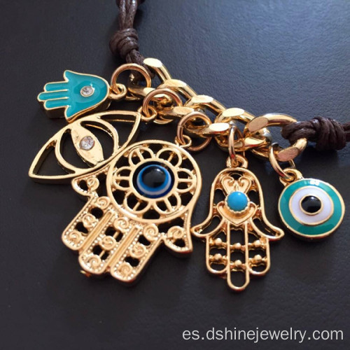 Pulsera del ojo malvado cadena cuero nudos con colgante Hamsa